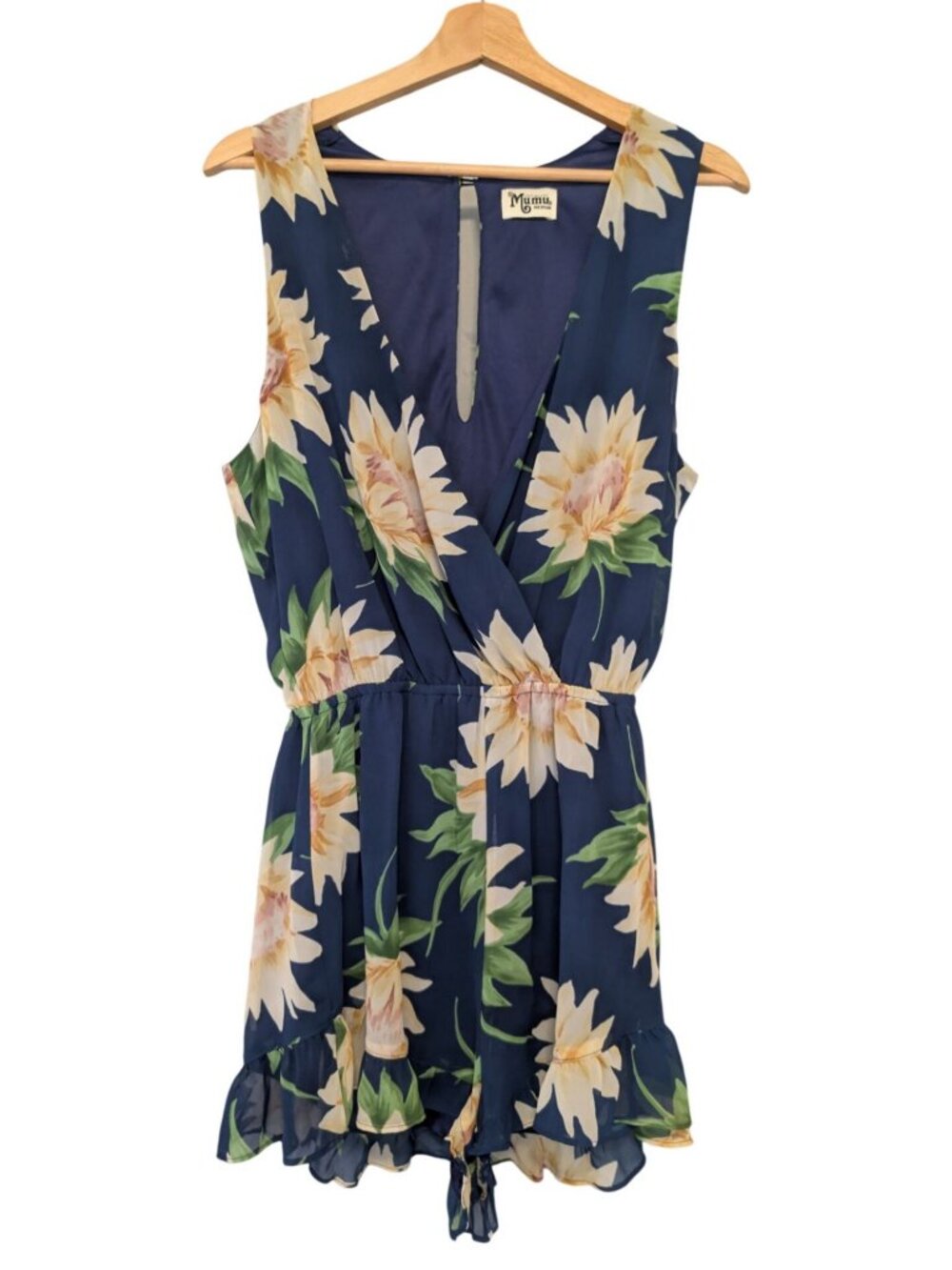 Show Me Your Mumu Sunflower Floral V-Neck Ruffle Romper Navy Blue Womens M